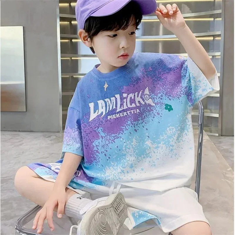 Boys Clothes Sets Summer Short-Sleeved Teenager Suit Childrens Gradient T-ShirtShorts 2Pcs Outfits Kids Casual Sports Set 250319