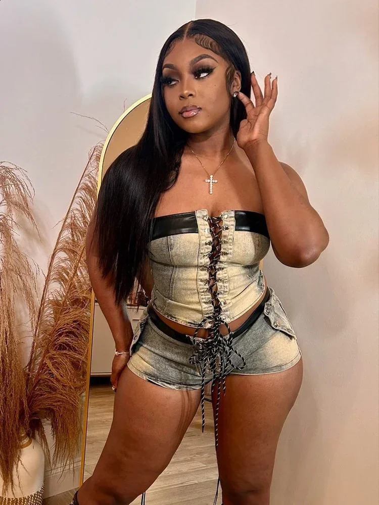 Leosoxs Denim Summer 2 Piece Set Women Leather Edging Vintage Y2K Shirring Strapless TopsShorts Hipster Summer Matching Suit 250319