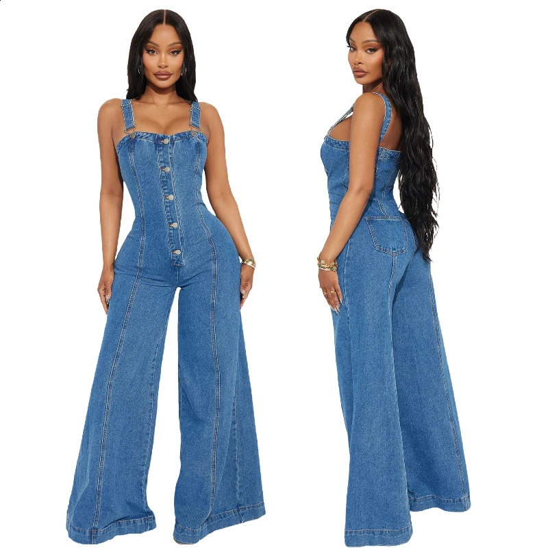 Jumpsuits Women One Piece Slim Fit Sling Sleeveless Demin Overalls Long Pants High Waist Rompers Wide Leg Pant Y2k Streetwear 250319