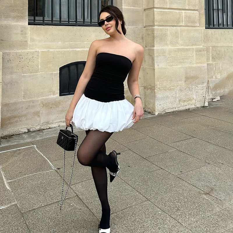 TARUXY Contrast Color Mini Folds Dress For Women Strapless Sexy Slim Sleeveless Ruched Splice Y2K Beach Female Club Party Dress 250319