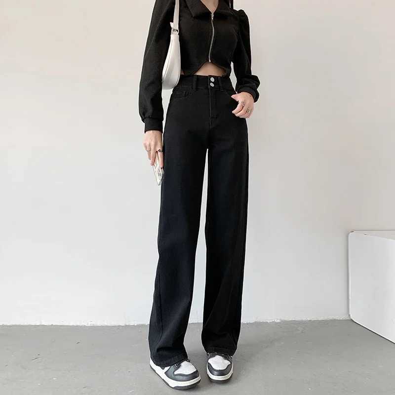 Womens Jeans Autumn High Waist Loose Straight Denim Pants Black Blue Fashion Korean Street Stretch Soft Comfortable TrousersT250319