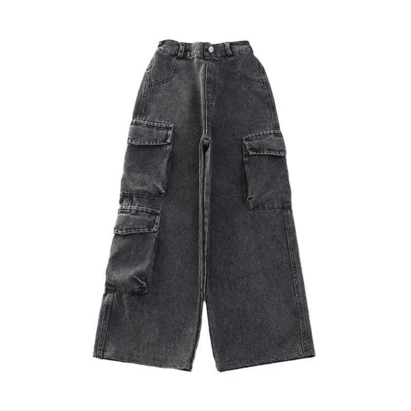 Teenage girl wide leg cargo jeans 2024 autumn fashion childrens casual denim pants school young childrens straight bag handcartT250318