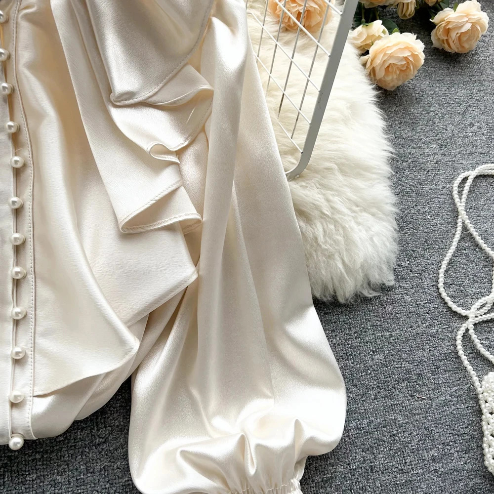 High quality satin loose fitting shirt with long sleeves pleated edges Oneck beaded beads elegant office womens casual Gothic style 250319