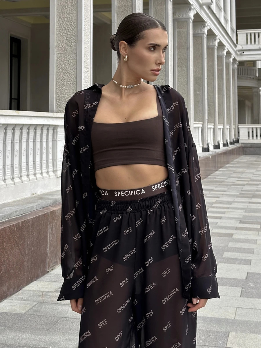 Wolfeel Beach Style Chiffon Printed Shirt Pants 2Piece Set Summer Long Sleeves Loose Fashion Casual Suit 250319