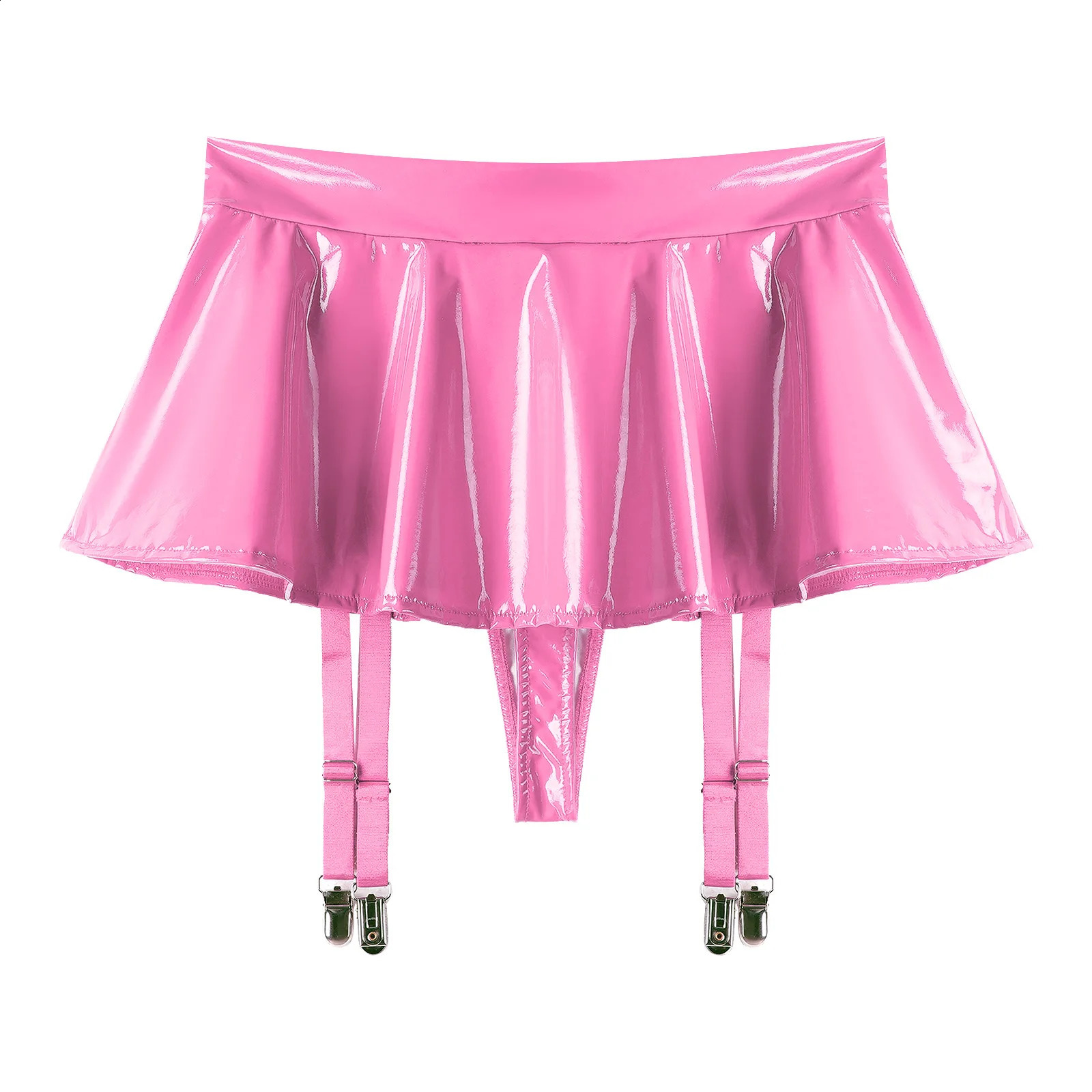 Womens Glossy Patent Leather Ruffle Mini Skirt Built-in Thongs Garter Belts Metal Clips Shorts Miniskirt Wet Look Rave Clubwear 250313