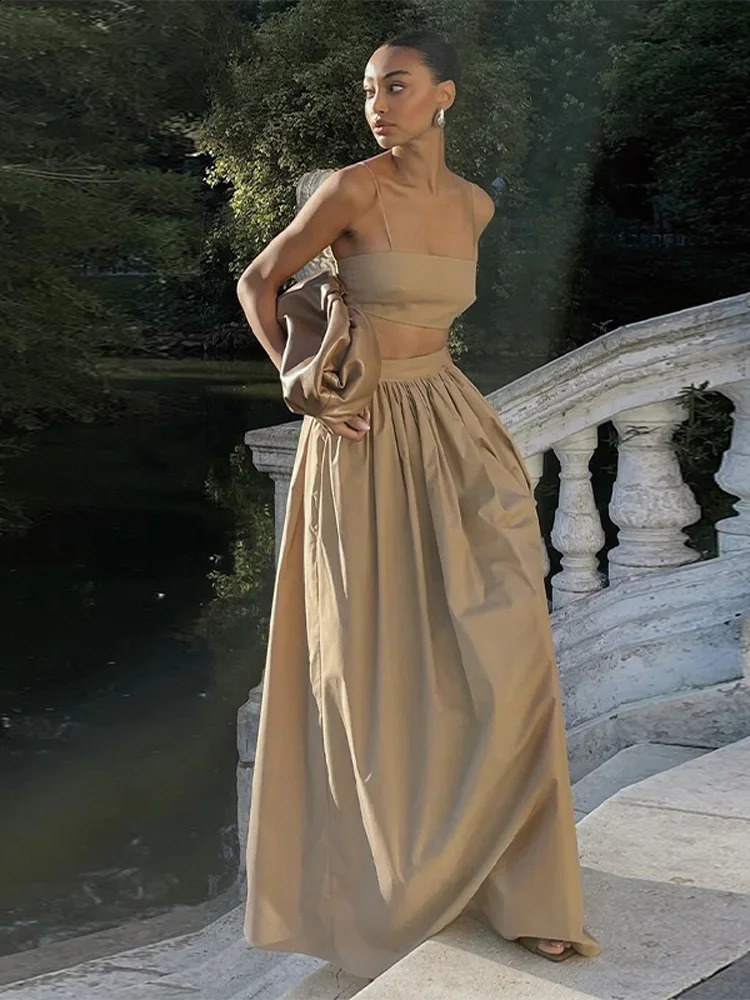 Women Tube Top Skirt Set Sexy Off Shouder Suspenders Blouse Loose Elastic Waist Maxi Skirts Female Suit 2025 Summer Lady Outwear 250319