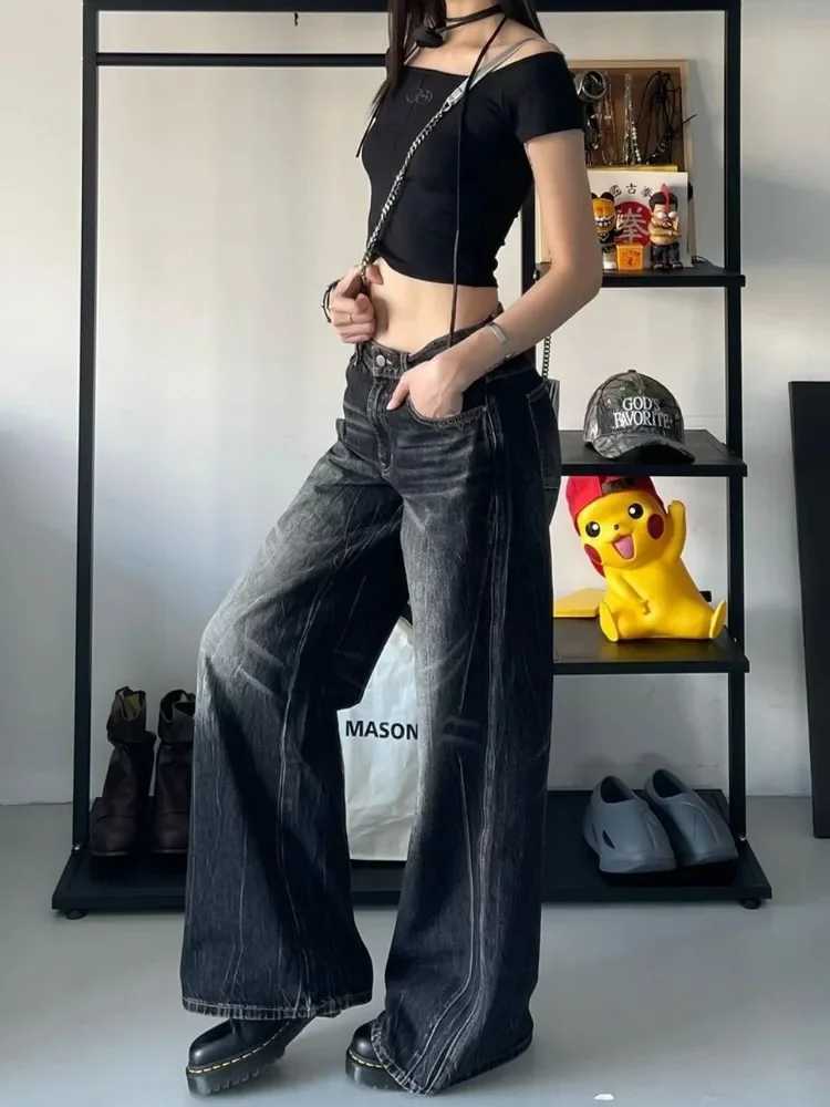 HOUZHOU GRUNGE Y2K Black Jeans Womens Baggy Retro Street Oversized Denim Trouser Gothic Gyaru 2000 Acubi Fashion JeansT250319