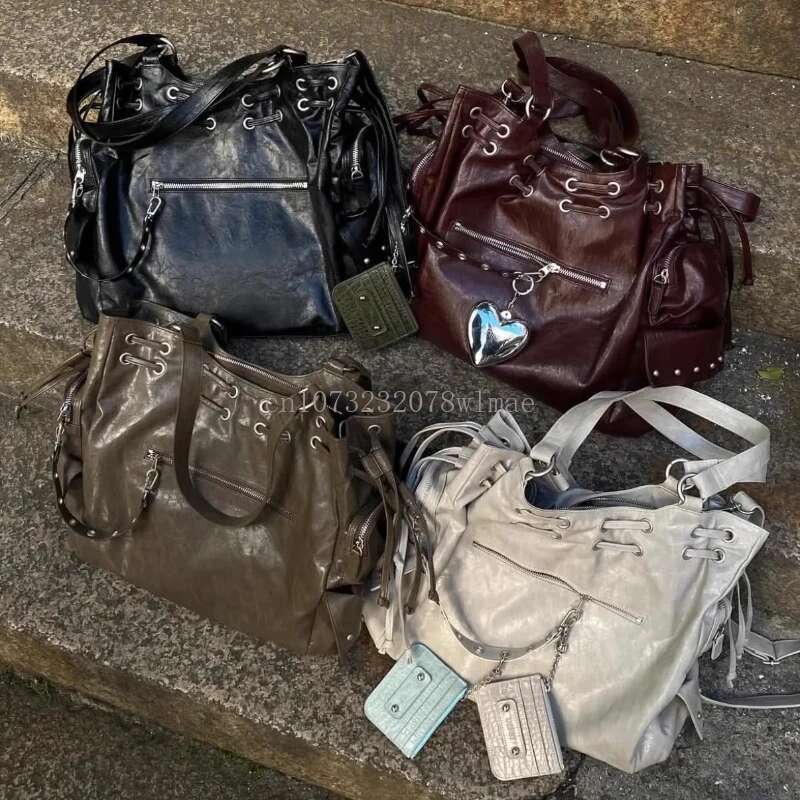 Hot Girl Willow Nail Motorcycle Bags Fashion Designer Rivet Pu Leather Tote Vintage Goth Large Capacity Shoulder Bag Trendy