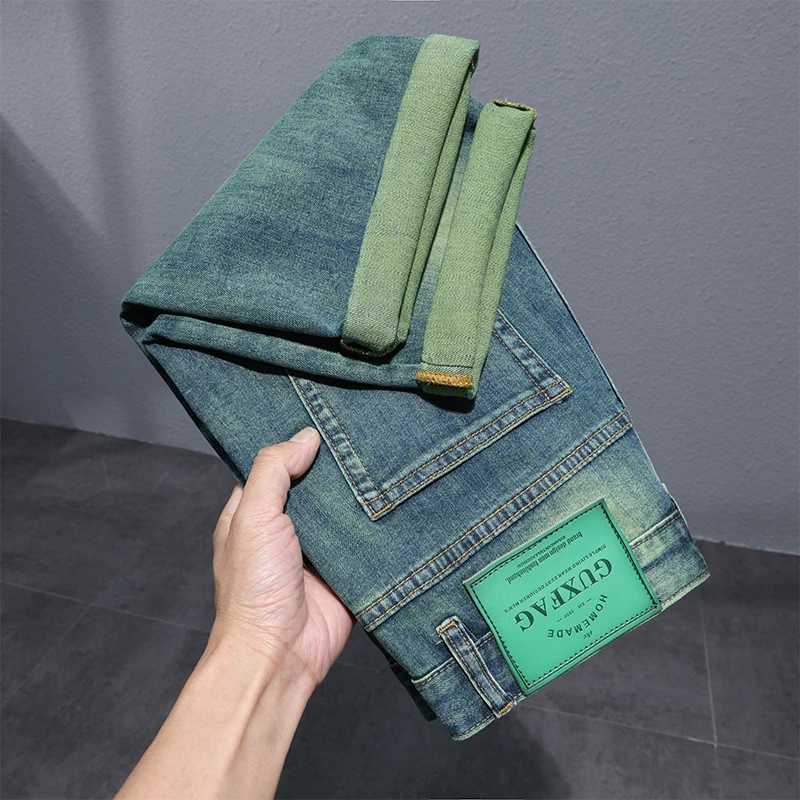 Retro green denim shorts mens summer stretch fashion brand loose straight American casual pleated cool shorts W250319