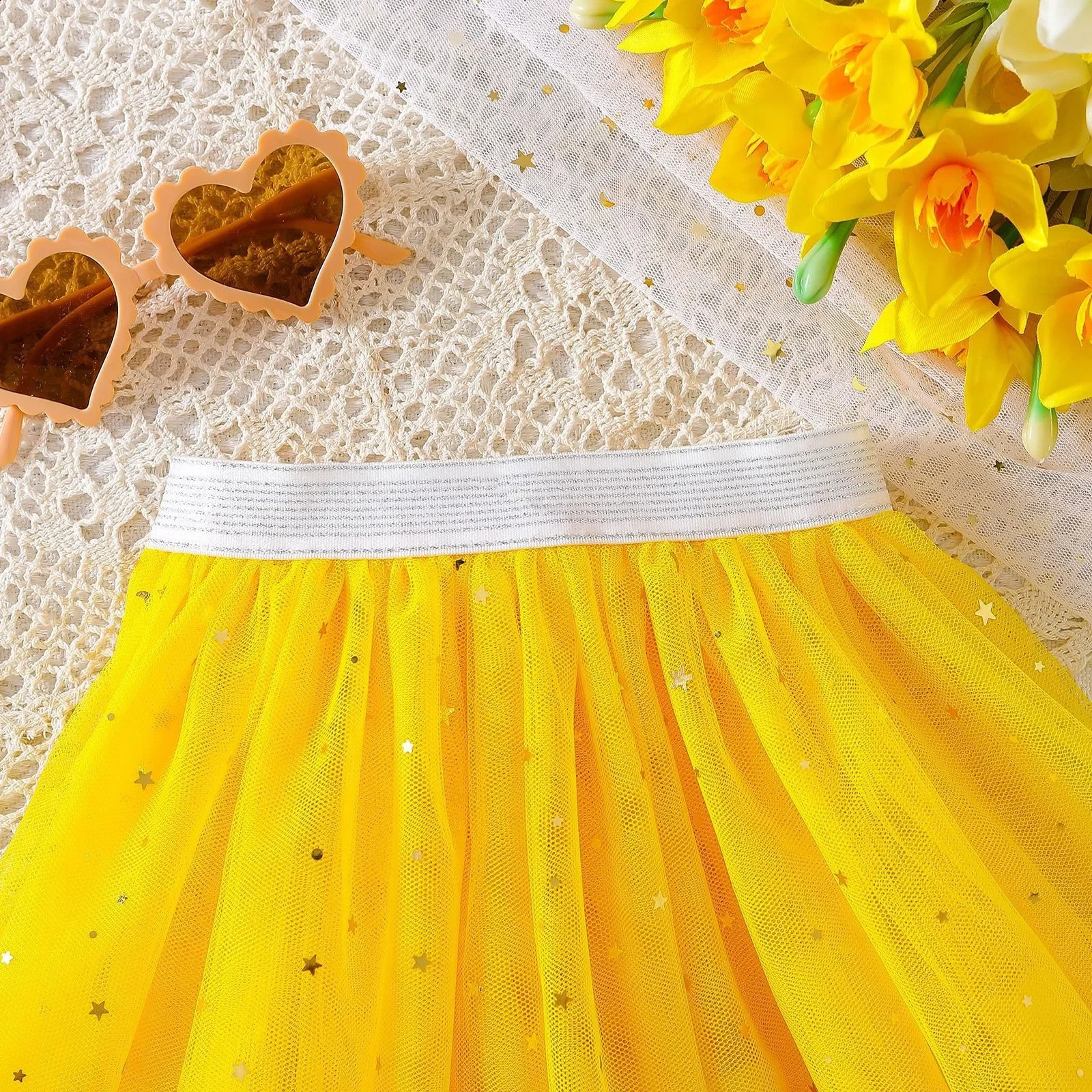 2025 Girls Tulle Star Short Kids Tutu Skirt Children Fancy Ballet Dancewear Party Costume Ball Gown Mini Skirt Yellow 2-8Y 250319
