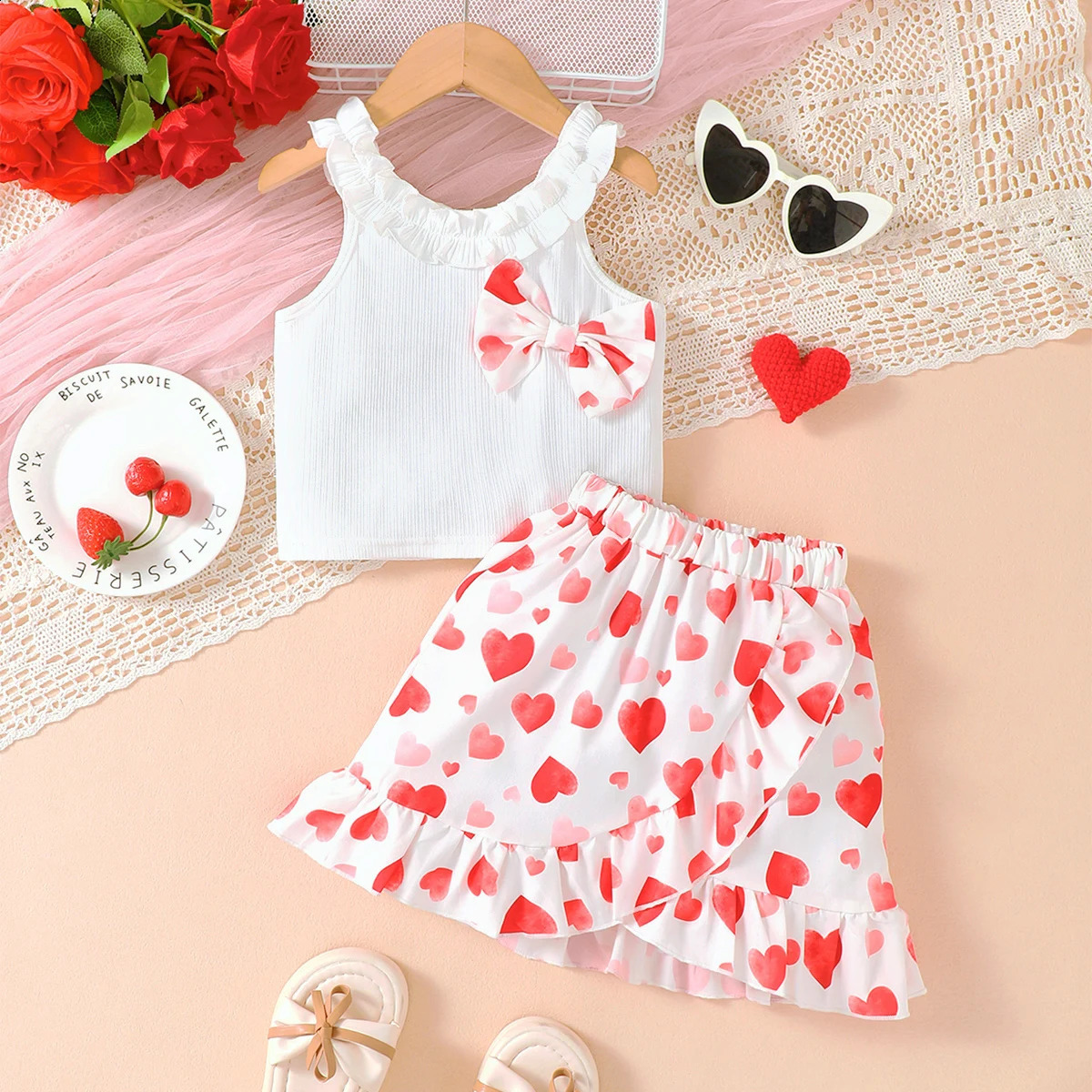 Kid Girls Summer Set Off Shoulder Bow Top Love the heart Printed Irregular Half Skirt Fashion Set Suitable for Girls Aged 4-7 250319