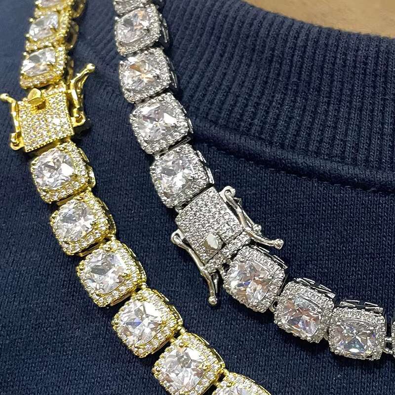 Cluster shaped tennis chain, sparkg jewelry, long stick bread, 10mm rhodium plated, gold-plated, clustered necklace, chocolate ice, cubic zirconia, me