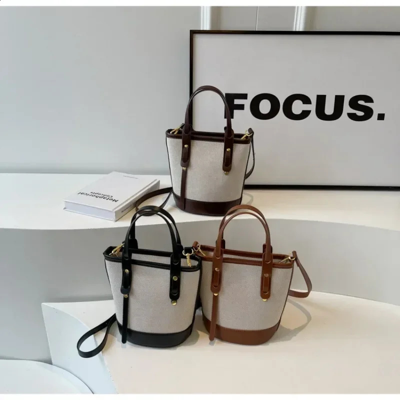 Fashion Versatile PU Canvas Bucket Shoulder and Crossbody Bags Simple Casual Sense of Retro Handbags for Women 250317