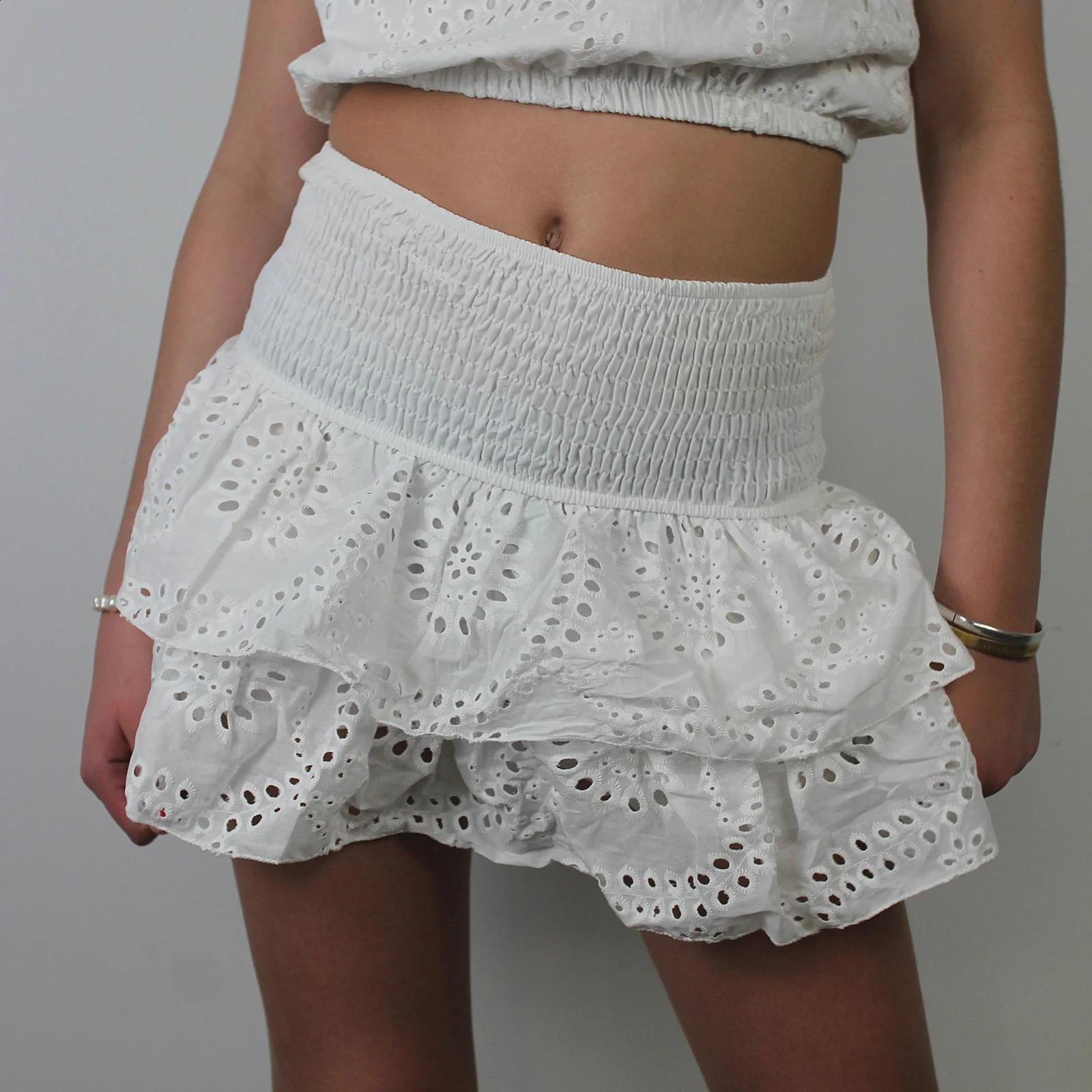 Women Sweet Skirts Shirred Mini Skirt A-Line Pointelle High Waist Layered Ruffle Skirt 250313