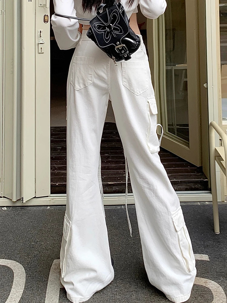 Womens American Retro Flares Low Waist Cargo Pants with Pockets FloorLength Dragging Jeans Style 250317