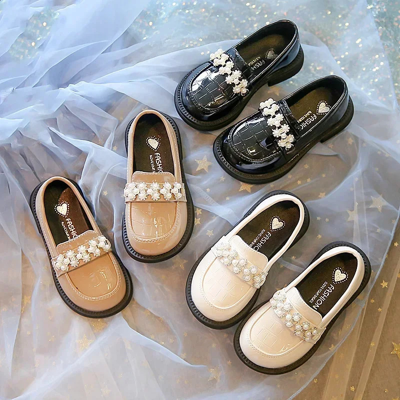 Kids PU Leather Shoes Spring Autumn Fashion Girls Pearls Casual Princess Flats Soft Loafers Simple Children Black Beige 250319