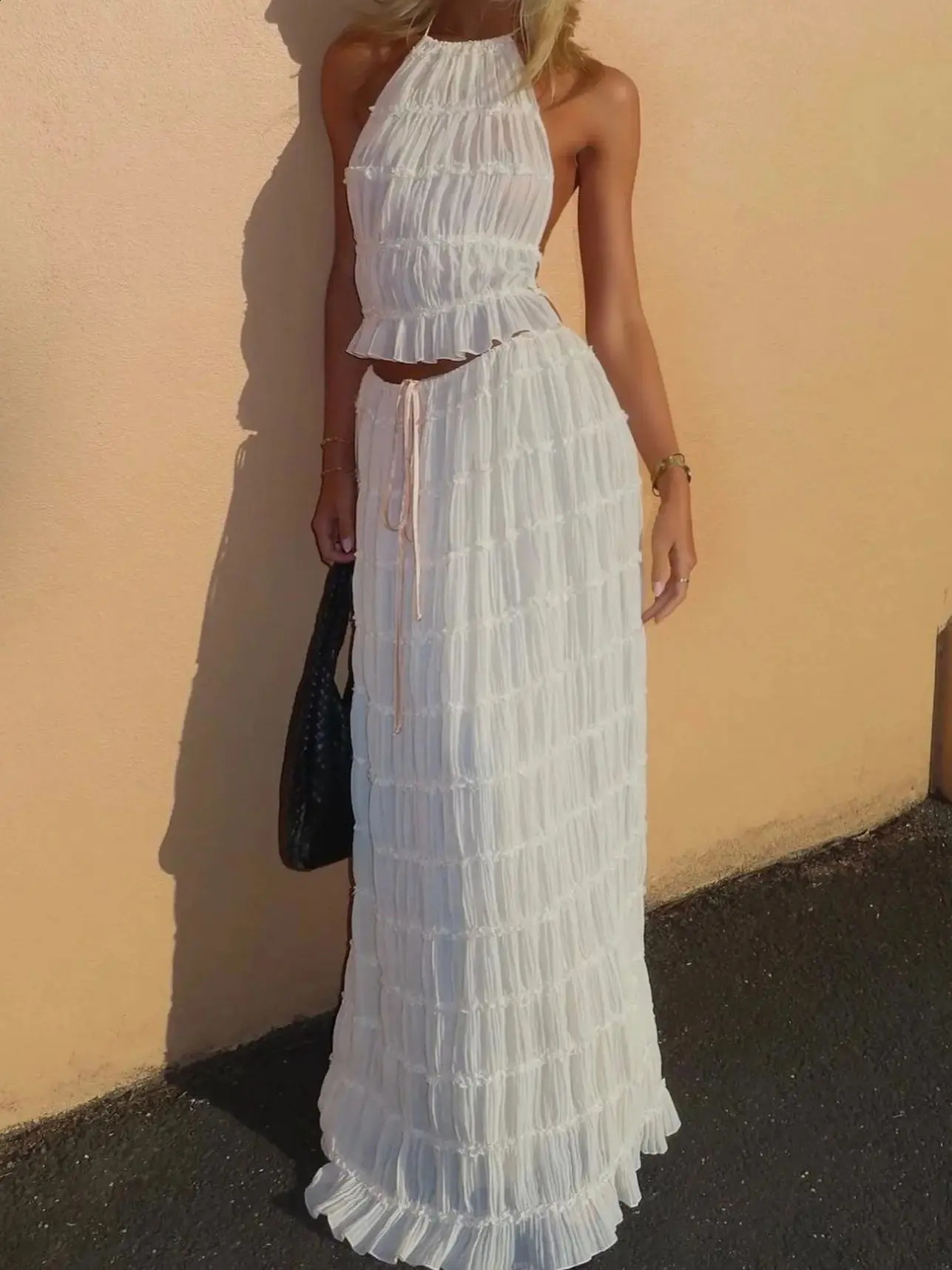 Fashion Halter Neck Long Skirt Suit Women Backless Sling Top Lace Up Fold Maxi Skirts Summer Female 2 Piece Set Outfits 250318