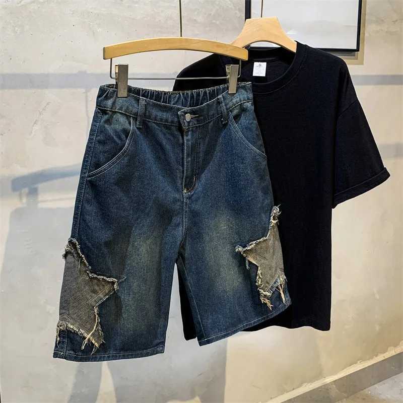 Star Shaped Men Denim Shorts Jeans Solid Color Pocket Shorts Fashionable Casual Short Jeans Harajuku High Street Mens Clothing W250319