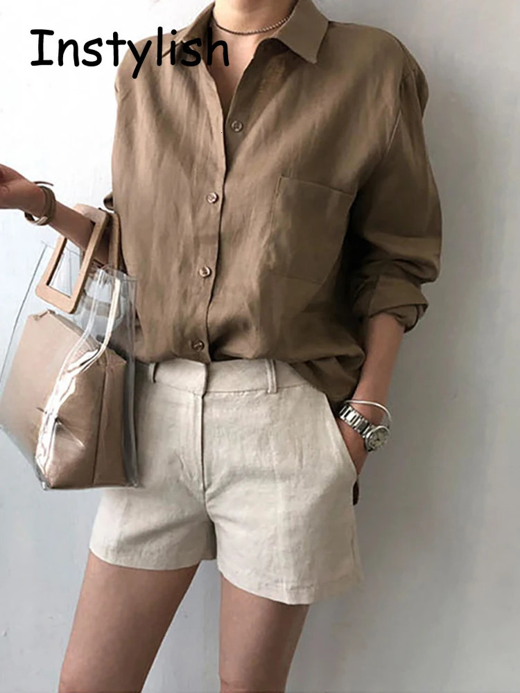 Casual long sleeved cotton linen loose shirt for womens spring and summer retro Harjauku streetwear oversized shirt elegant top 250318