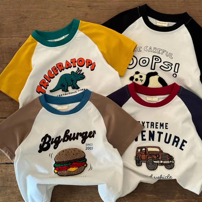 Pure Cotton Cartoon Boys T-shirts 2025 Summer Clothing Loose Fashion Boutique Childrens Wear Top Short Sleeve Tees Kids Clothes 250319