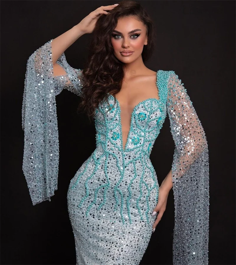 Sparkly Evening Dresses For Women Sweetheart Neck Long Sleeves Gown Sequins Beaded Sweep Train Party Customized Dress