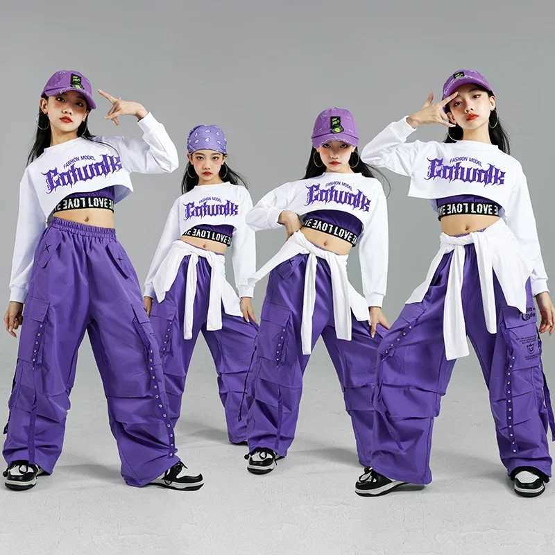 Hip Hop Girls Fashion K-pop Crop Top Purple Cargo Pants Children Street Dance Outfits Kids Streetwear Group Jazz Clothes SetsT250318