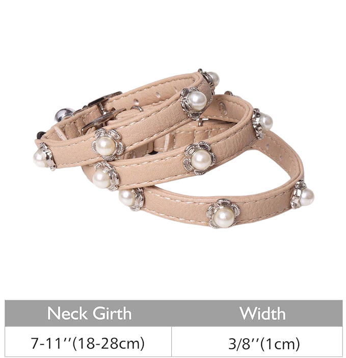 Fashion Leather Cat Collar with Bell and Pearl Decoration Cute Pet PU Leather Kitten Collar for Boy Girl Cats with Safety Elastic Strap for Small Kitt