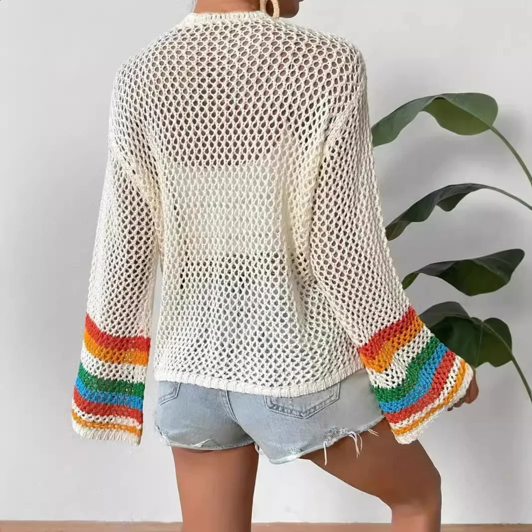 Hand-Knitted Long-Sleeve Knitwear Bohemian Colorful Plaid n Spring Autumn Womens Fashion Thin Model Made in China 250318