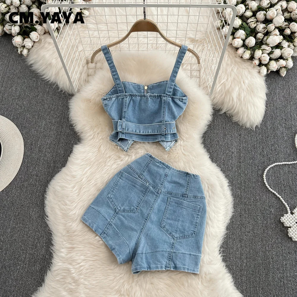 CM.YAYA Women Set Denim Strapless Belt Top Mini shorts Sets Street Casual Two 2 Piece Set Sexy Party Outfit Summer 250319