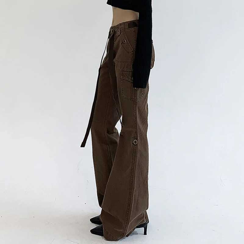 Rockmore Brown Low Rise Flare Jeans for Women Streetwear Y2K Aesthetic Cargo Jean Pants Vintage Denim Trousers Grunge FairycoreT250319