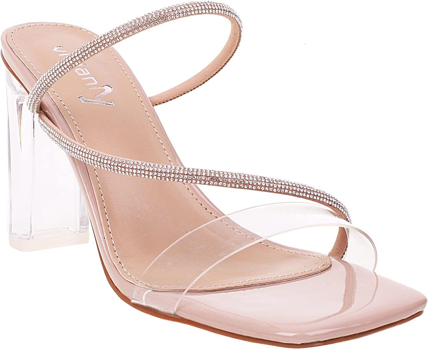 2025 New Designer sandals Women's square toe transparent rhinestone lace up high-heeled sandals transparent thick heel slippers wedding dress