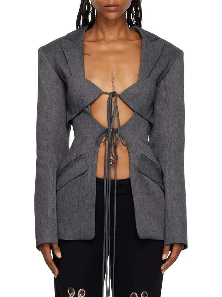 Hollow Out Irregular Blazer For Women Notched Collar Long Sleeve Patchwork Lace Up Temperament Blazers Female New