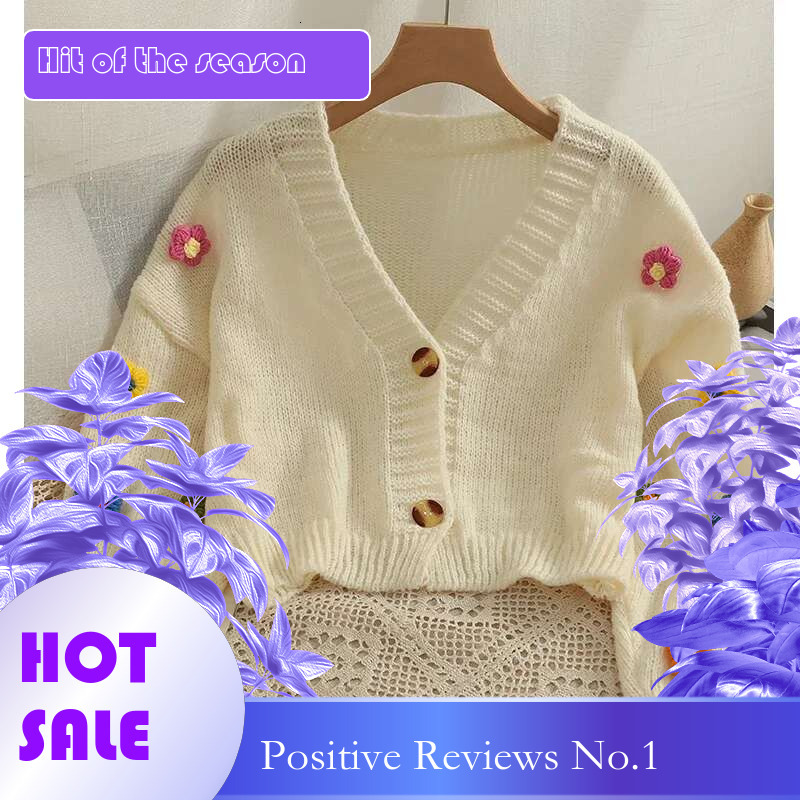 dongdumaoyi 2024 New Autumn Colourful Applique Flower Cardigan for Women Cute Long V neck Knit Crop Sweater Girl Soft Knitwear