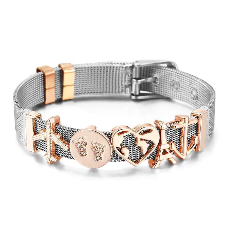 Hot Sale 10mm Aircraft Tower Beads Charm Bracelets DIY Stainless Steel Mesh Keeper Bracelets Mujer For Women Men Jewelry Gift