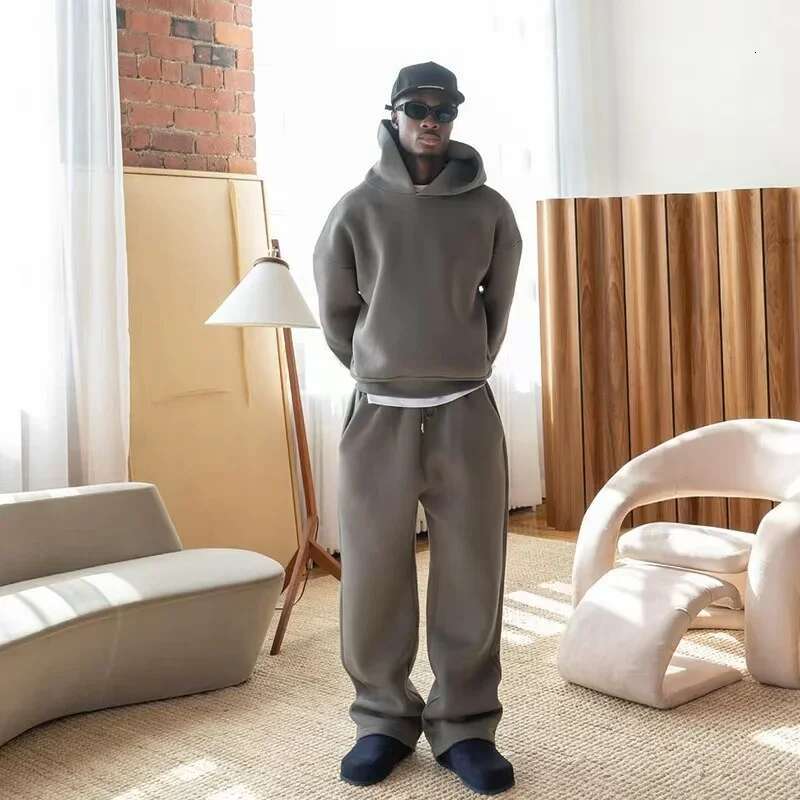 American Fashion Solid Color Fleece Oversized Sweatshirt Men's Two-Piece Y2k Haruku Hip-Hop Gothic Joker Slacks Jogging Pants