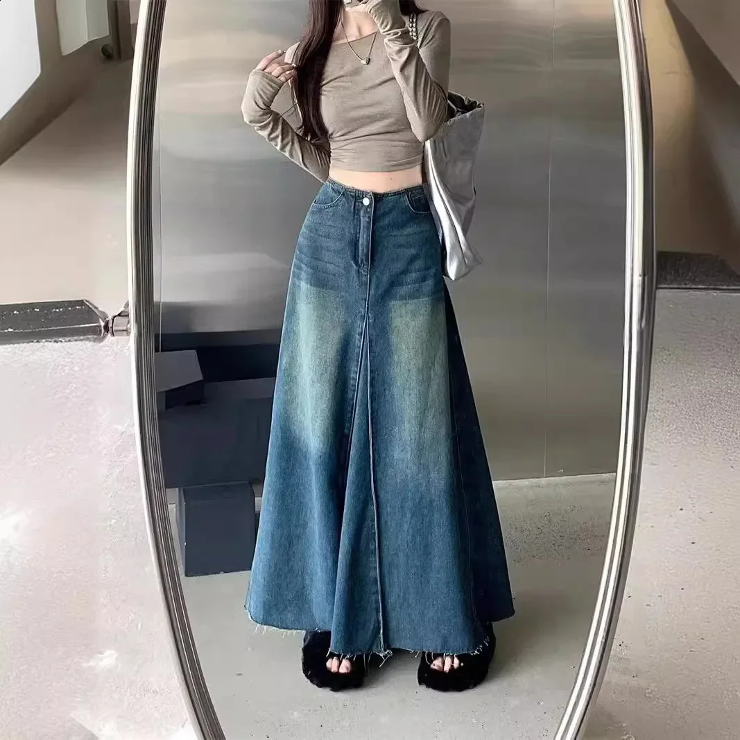 Retro washed denim tight fitting womens high waist weight loss A-line long skirt patch work style spring season arrival 250317