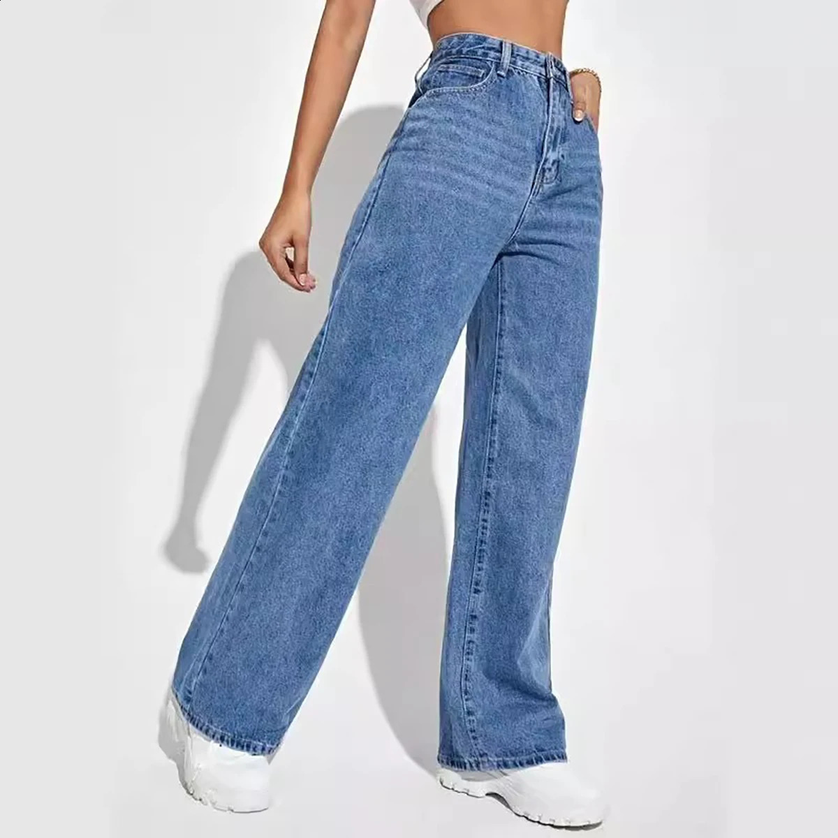 Womens Deep Blue Wide Leg Straight Jeans Weight Loss Full Match 250317