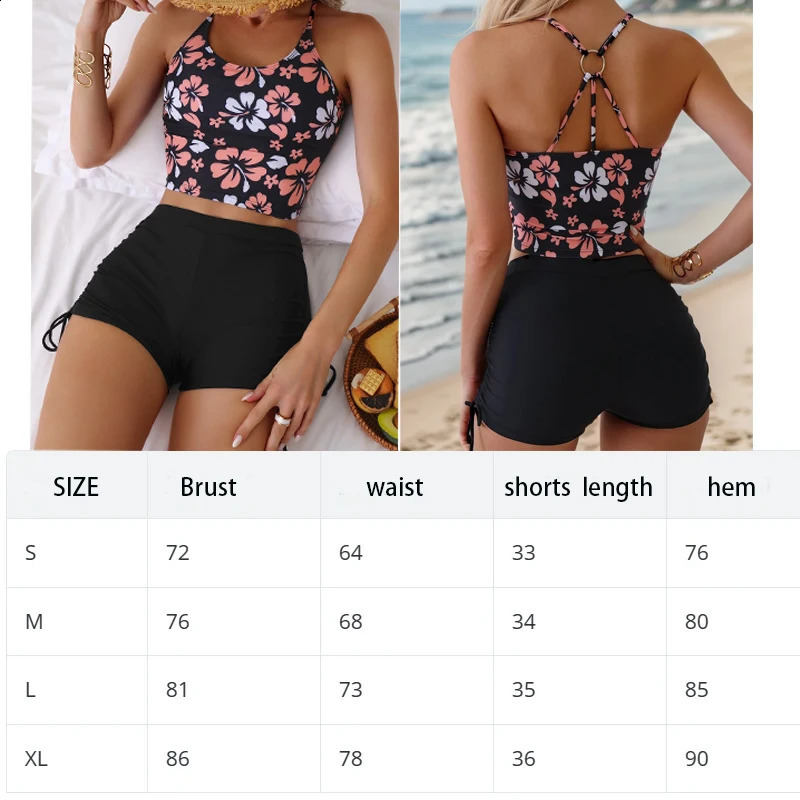 Printed Flower Tankini Set Girl Swimwear Adjustable Strap Vest Bra Female Flower Shorts Bikini Drawstring Women Beach Set 250317