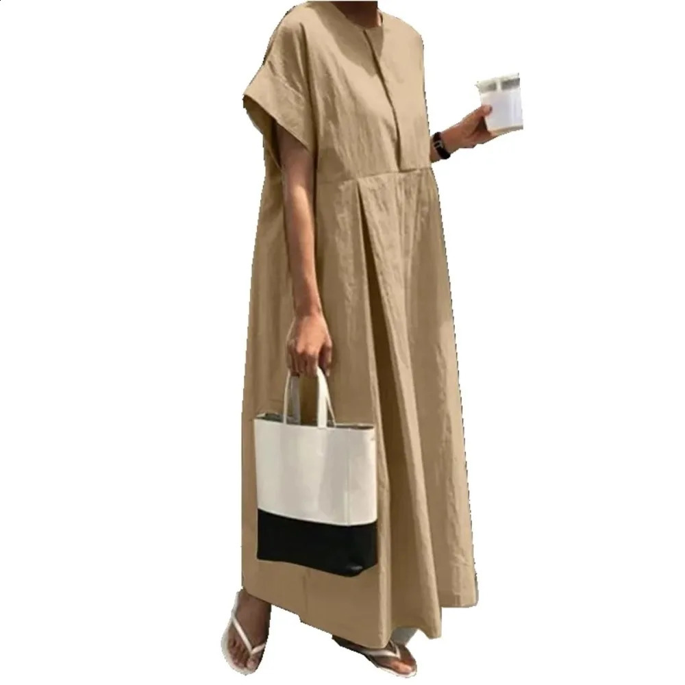 Large size womens L5XL Plus loose cotton dress round neck solid color long skirt college style short sleeved casual 250319