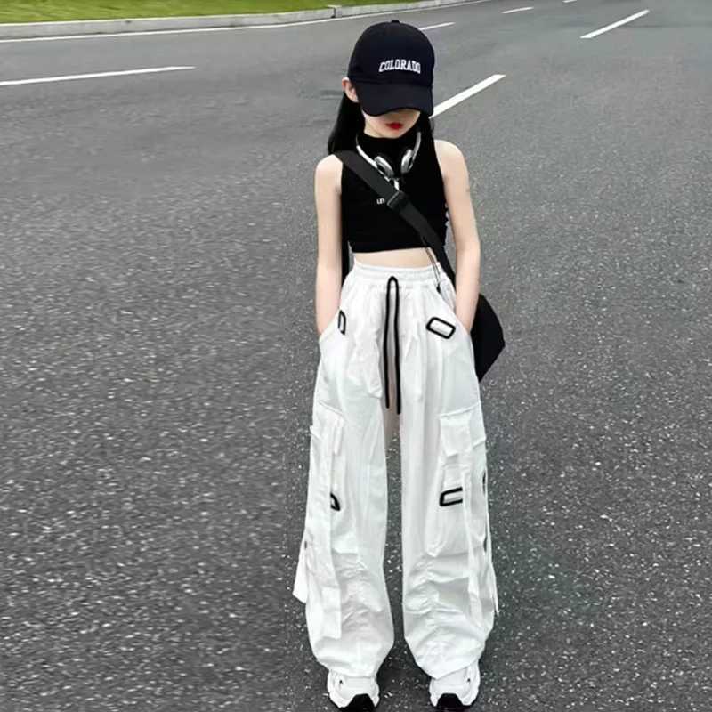 Girls Summer Thin Pants 2025 New Childrens Sports Wide Leg Trouser Youth Freight Pants 5-14Y Big Childrens Fashion ClothingT250318