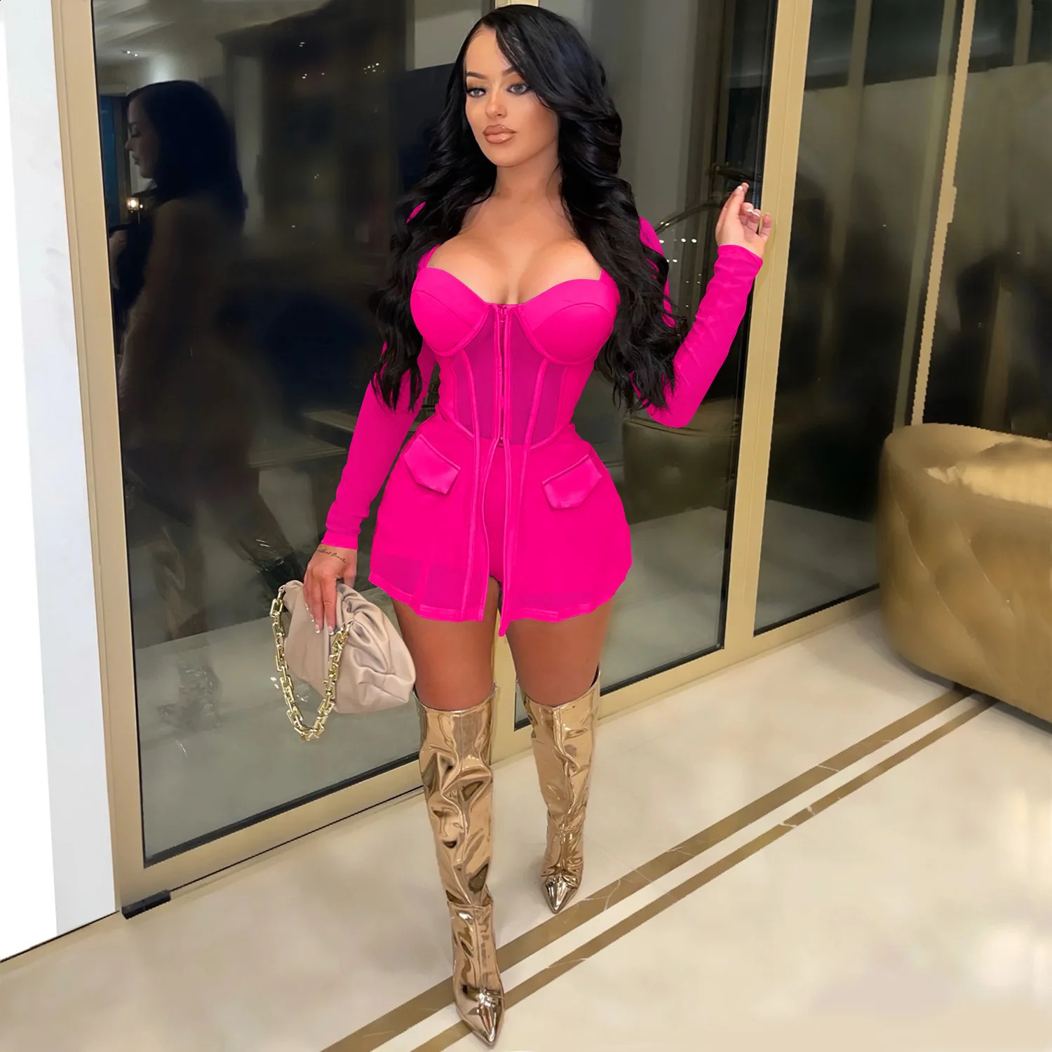 Solid transparent mesh see through long sleeved zipper shirt tight corset top and shorts 2-piece set sexy body party womens clothing 250318