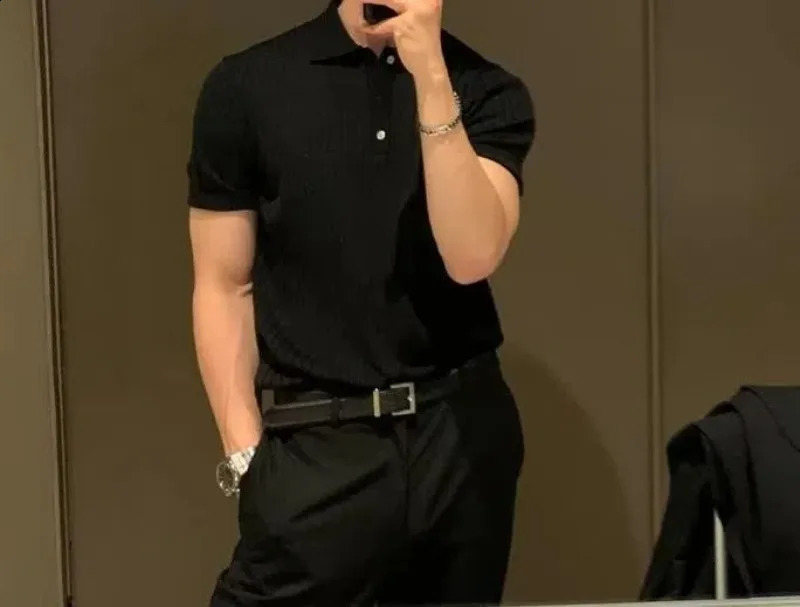 Korean style mens summer collar solid color casual thin knit mens fashionable slim fit short sleeved shirt 250317