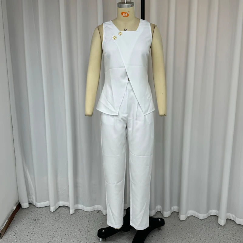 LIYONG Women Two Piece Set Summer Casual Solid Sleeveless Round Neck Button Irregular Top With Pocket Pencil Pants Sets 250319