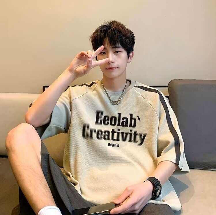American style short summer new trendy brand printed raglan sleeves loose half sleeved men's T-shirt