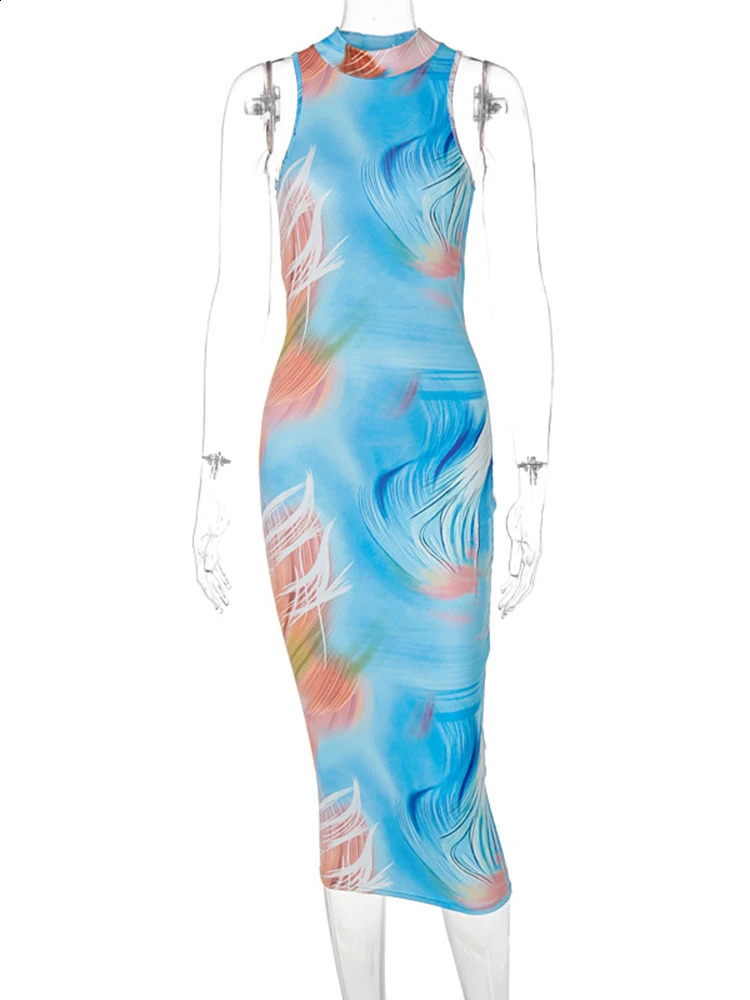 Hugcitar Tie Dye O Neck Sleeveless Backless Sexy Bodycon Slit Midi Dress Summer Women Fashion Clothes Y2K Streetwear Party 250319