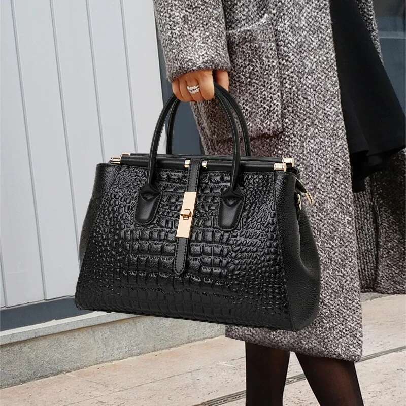 Aidrani Genuine Leather Women's Handbag, Fashion Crocodile Pattern Design, High-End Cowhide Bag Large Capacity