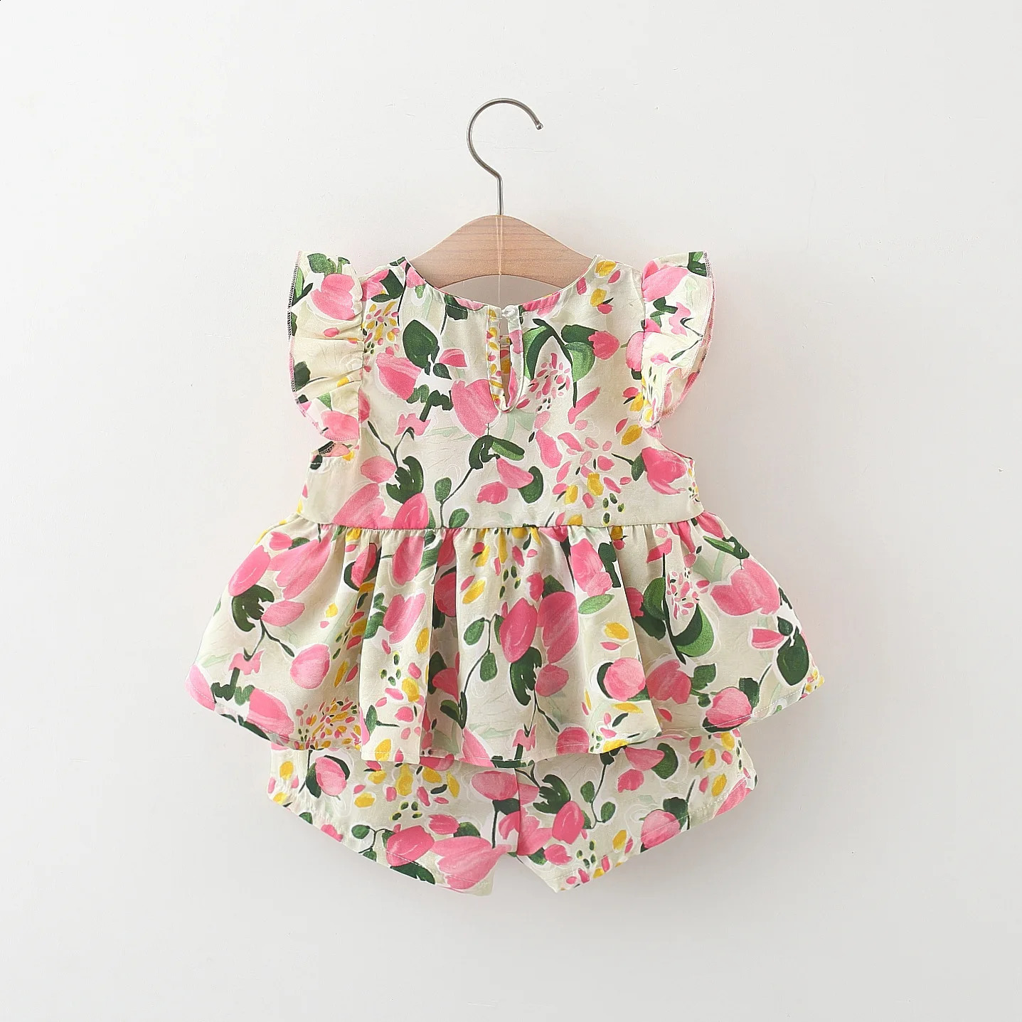 03 years old Summer girl peach print bow sleeve top and shorts set cute cotton twopiece for girls 250319