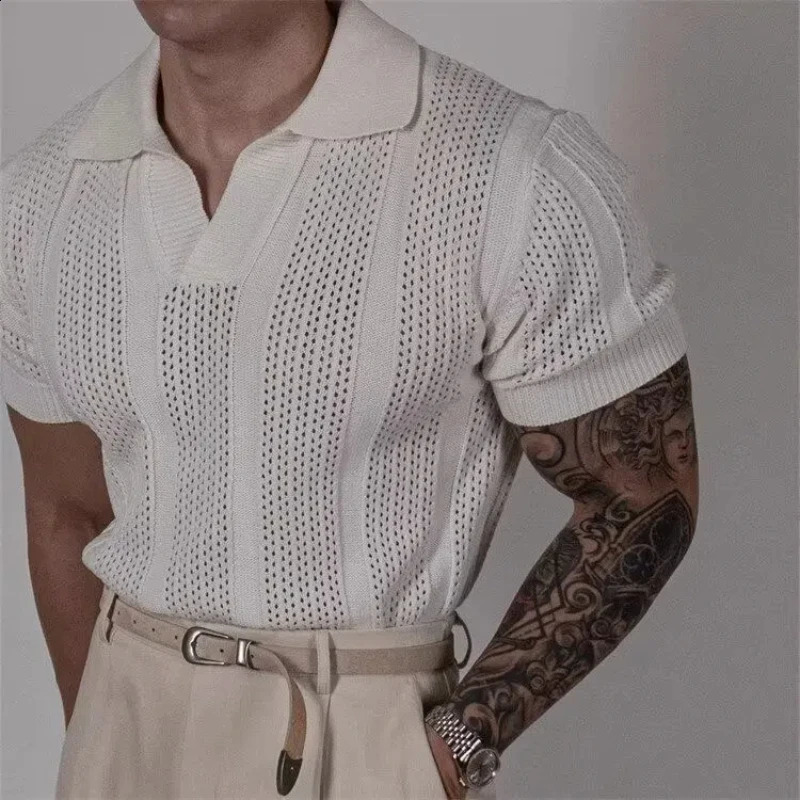 Hollow knit short sleeved polo shirt mens summer Korean top mesh texture shirt 250317