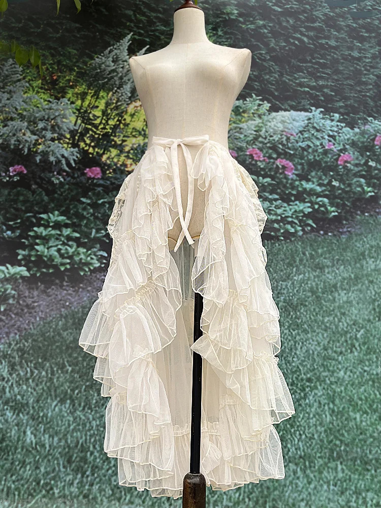 Gothic Lolita Lace Mesh Ruffles Fairy Princess Party Skirt Women Asymmetrical Cute Curtain Sheer Cover Up Thin Long Skirt White 250313