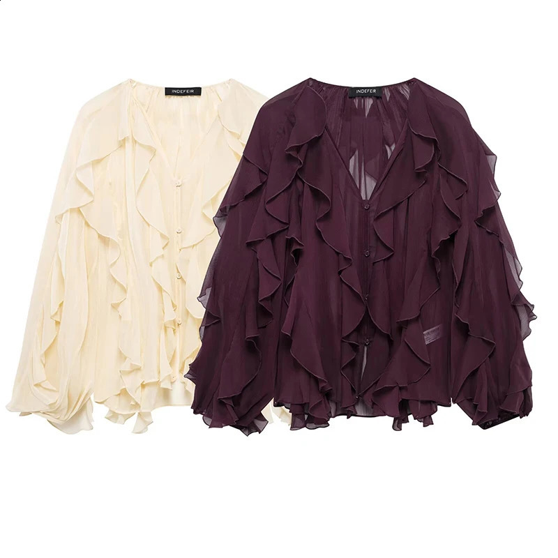 Willshela Womens Fashion Solid Ruffle Single Chest Shirt Retro Vneck Long Sleeve y250319